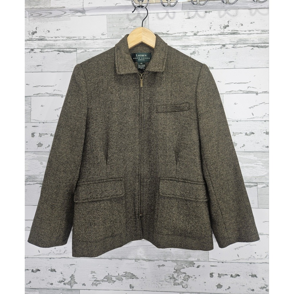 Lauren Ralph Lauren Petite Brown Herringbone Full Zip Jacket Blazer 8P